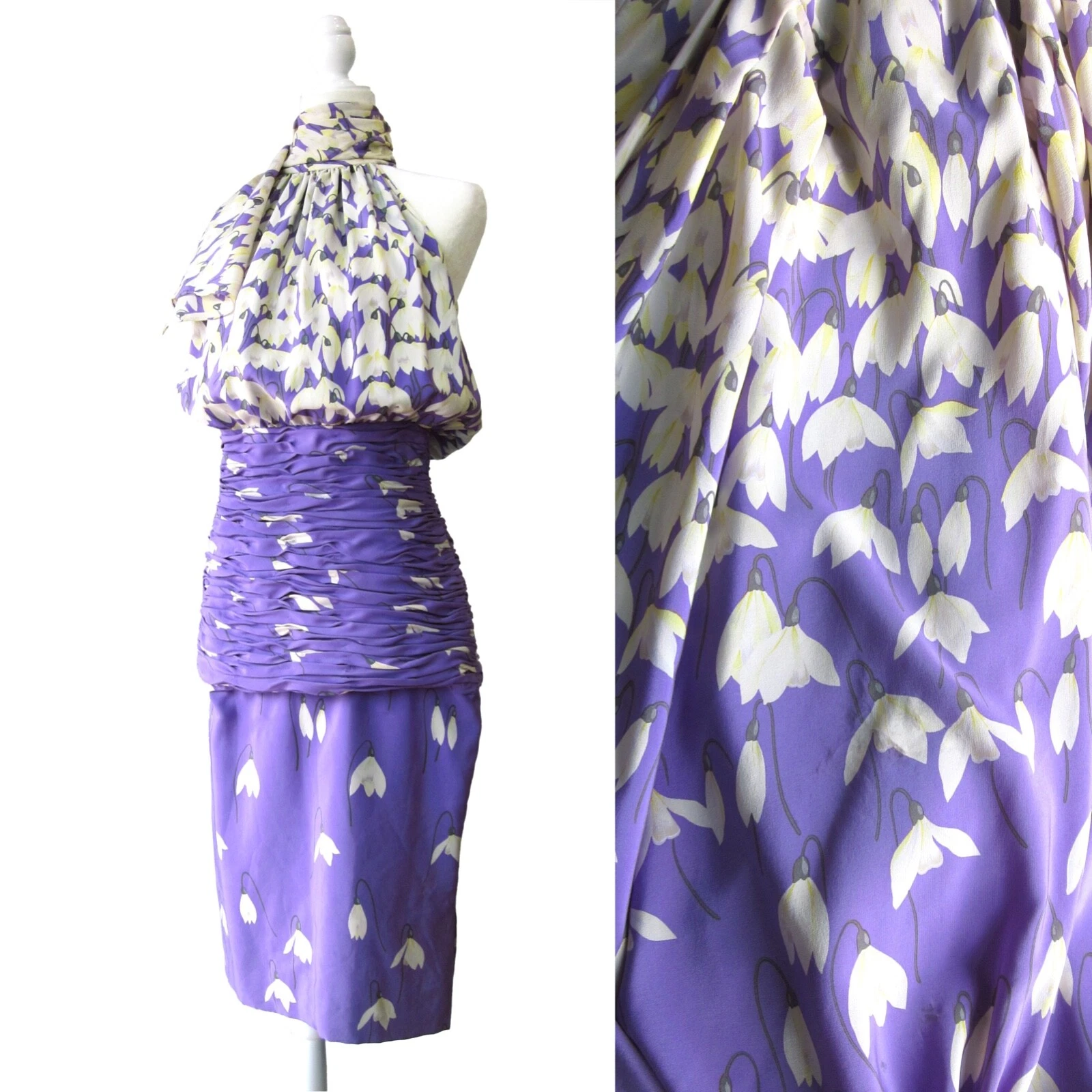 Abito da cocktail anni 80 VALENTINO boutique lavanda e seta bianca con collo sciarpa