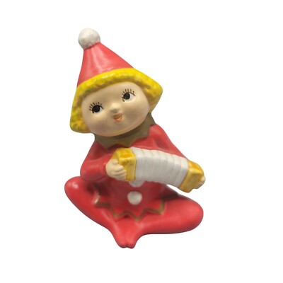 Vintage Ceramic Christmas Elf Pixi Figurine Musician Ceramic Plaster Red Yellow