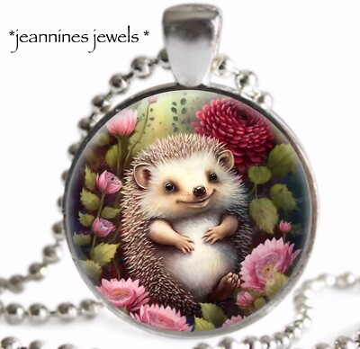 Hedgehog Necklace Summer Flowers Print Silver Charm Pendant Animal Lover Gift