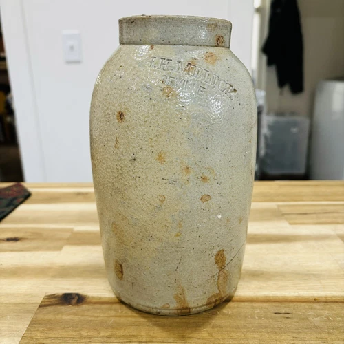 Antique Salt Glaze Stoneware Crock Stamped H.H. Melick Seville Canning Jar Pot