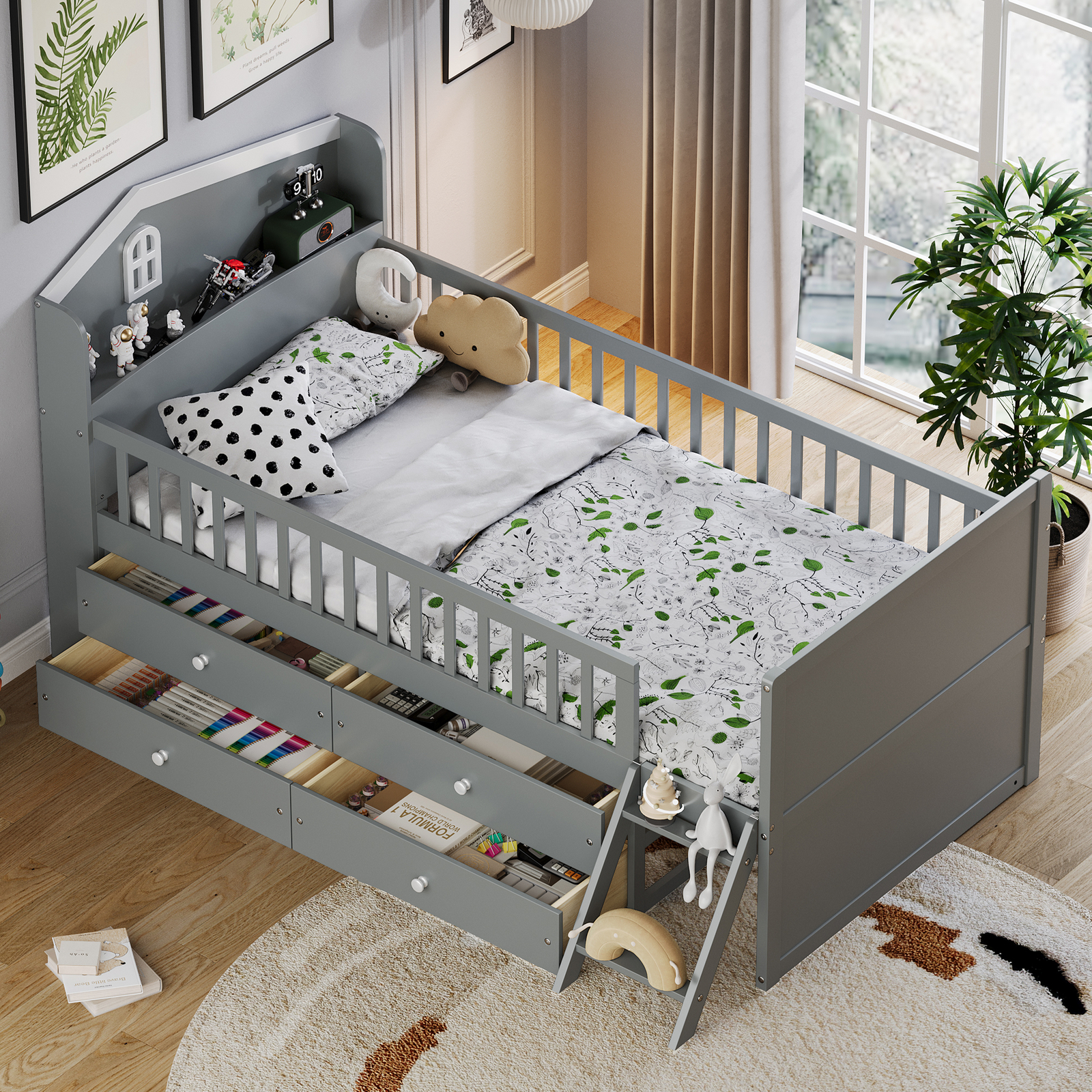 Twin Wooden Bed Frame with 4 Storage Drawers & Ladder in Gray for Kids-image