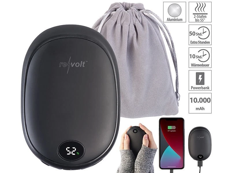 revolt 2in1-USB-Powerbank & 3-Stufen-Handwärmer, 2 A, 10.000 mAh, Display - Bild 2 von 4