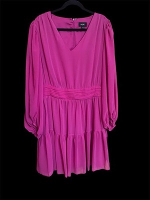 MSK Pink V-Neck Balloon Long Sleeve Tiered A-Line Knee Dress  XL Ruffle Zip