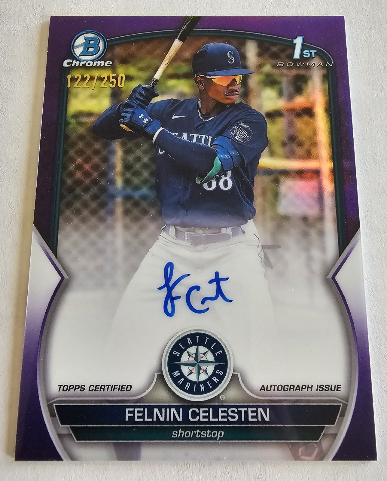 2023 1st Bowman Chrome Felnin Celesten Auto Purple Refractor /250 Mariners