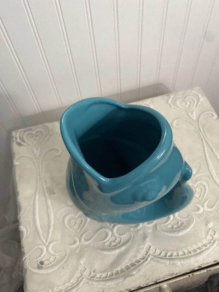 9” Gurgle Pot Fish Pitcher Jug Vase 2006 Stoneware Aqua Blue No Chips/Cracks - Image 3 of 4