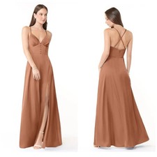 Azazie Mina Bronzer A-Line Stretch Satin Maxi Dress A6 Bridesmaid Wedding Formal