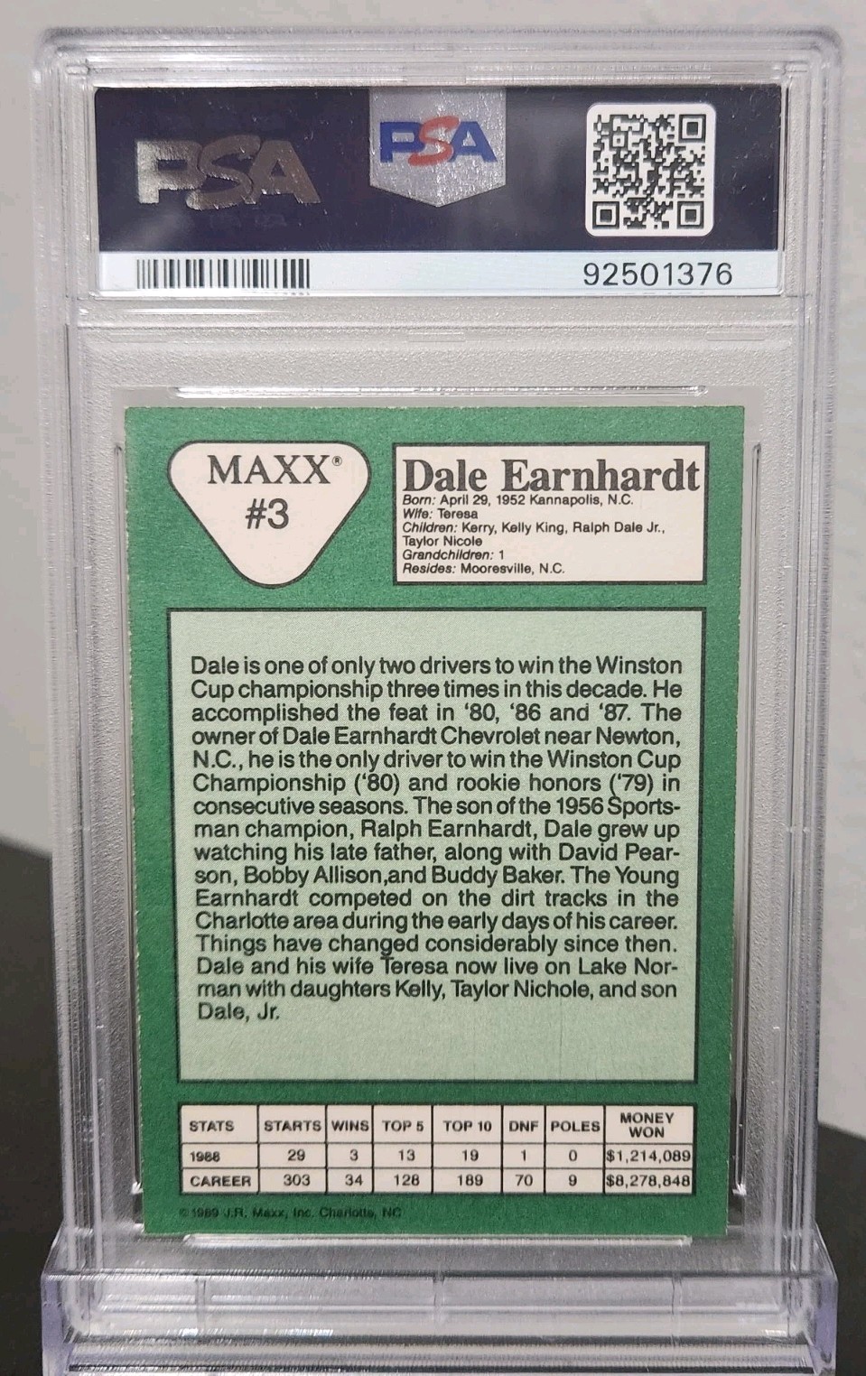 1989 Maxx Racing Dale Earnhardt Rookie Card #3 PSA 8 Goodwrench RC view 3