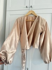 Champagne Satin Wrap Crop Top| Long Puffy Balloon Sleeves| Party Blouse Size S/M