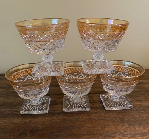 Vintage Imperial Glass Cape Cod Iridescent Band Champagne/Sundae Glass Set of 5