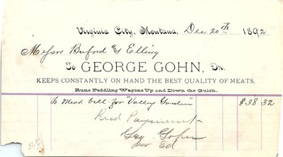1892 Virginia City MT butcher meat billhead, Buford & Elling