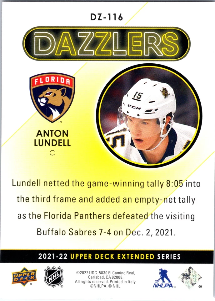 2021-22 Upper Deck Extended ANTON LUNDELL #DZ-116 Dazzlers Pink Florida Panthers - Image 2 of 2