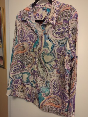 Chico s Women's Paisley Blue Purple Print No Iron Wrinkle-Free Shirt Size 3