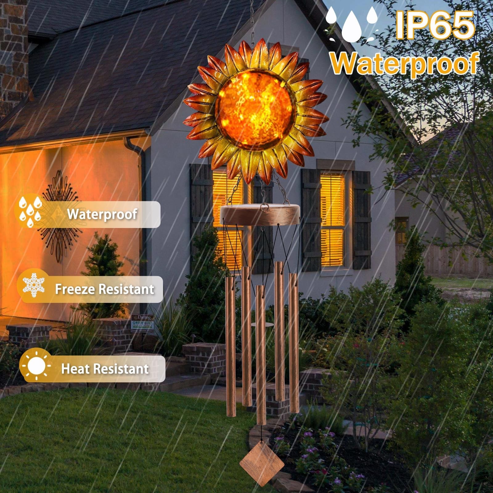 Solar Wind Chimes for Outside, Solar Sunflower Wind Chimes for Outdoor Garden...