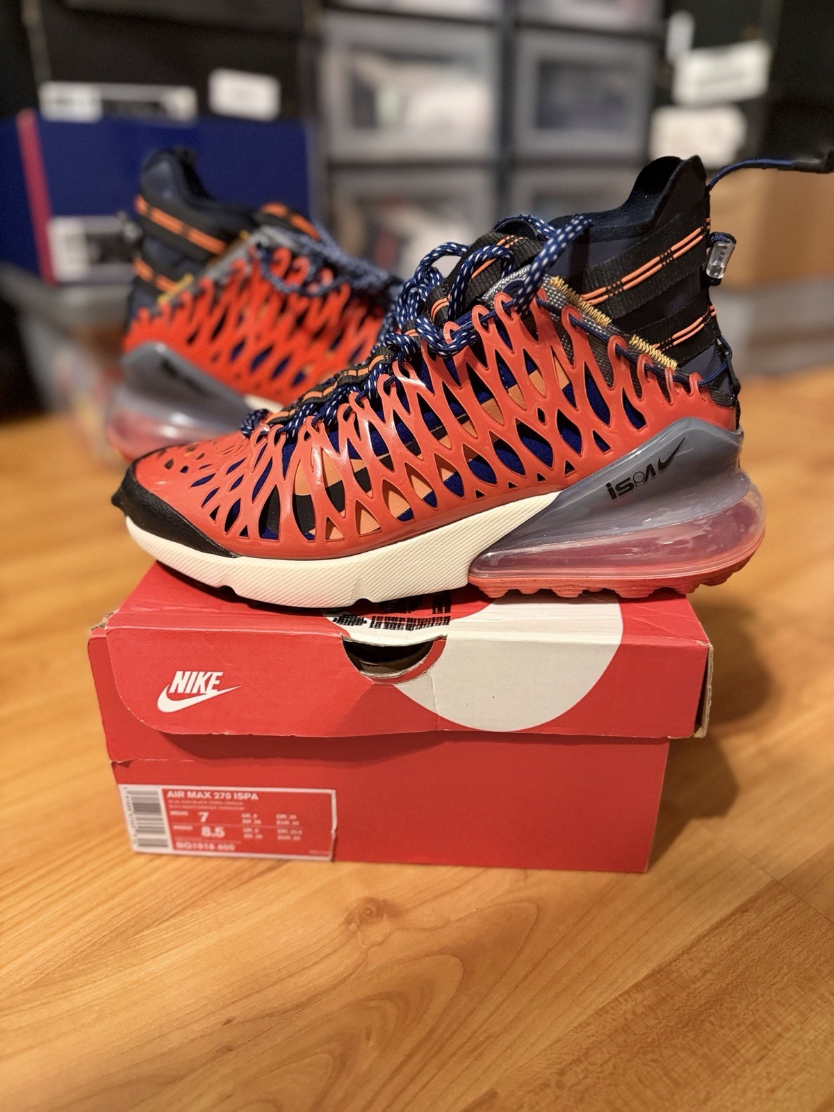 Nike Air Max 270 ISPA Men's Athletic Shoes Size 7, Blue/Void, Terra Orange