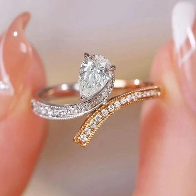 3 Ct Pear Simulated 14k Two-Tone Gold Plated Women's Wedding Bypass Ring