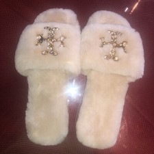 NIB Tory Burch Ivory Jeweled Shearling Slippers Size 6