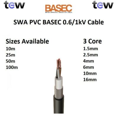 3-adriges SWA PVC BASEC Panzerkabel Größen 1,5 mm, 2,5 mm, 4 mm, 6 mm, 10 mm, 16 mm