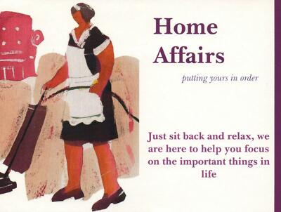 LARGE HOME AFFAIRS HOUSEWORK ADVERTISING CARD - out of date website
