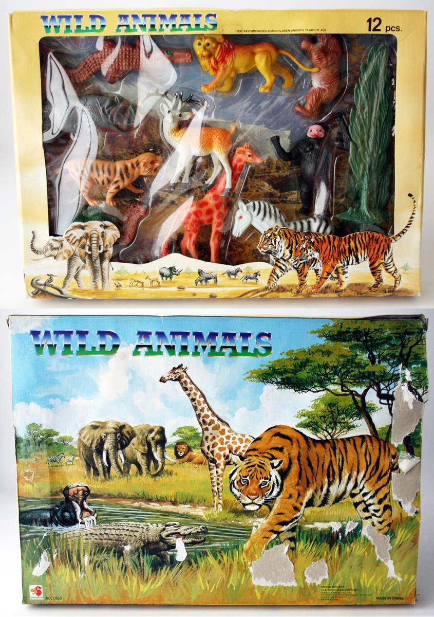 VINTAGE 80'S JUNGLE WILD ANIMALS PLASTIC FIGURES GORILA LION TIGER