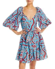 Rhode L64502 Womens Blue Floral Darya Puff Sleeve Wrap Dress Size S