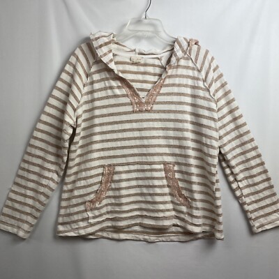 Hem Thread Hoodie Shirt Medium Beach Ivory Tan Stripe V Neck Lace trim Boho