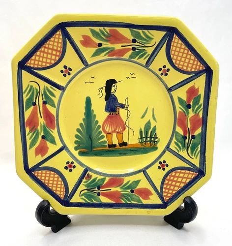 HB Henriot Quimper Soleil France Yellow Ceramic Bread Plate Breton Man 6.5” Wide