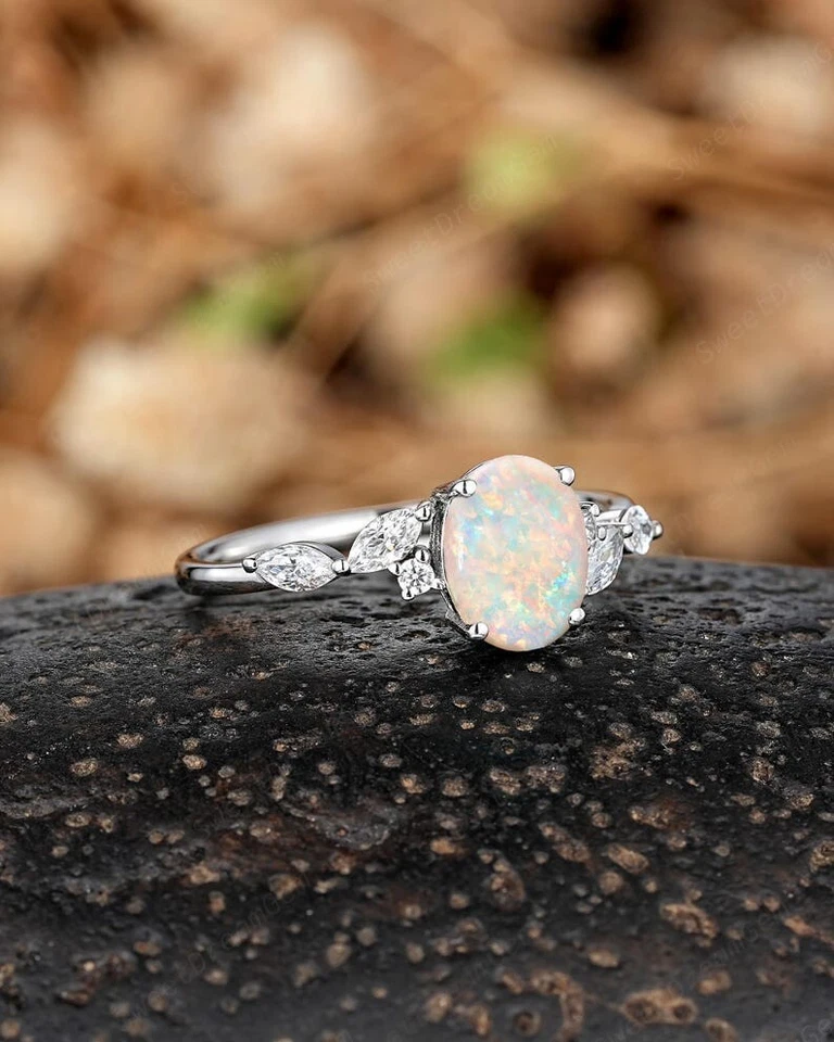 Oval Natural Australian Opal 925 Sterling Silver Vintage Wedding Engagement Ring - Image 2 of 4