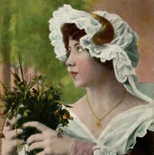 1908 Beautiful Girl Lady, Bonnet Big Sleeves Traditional Dress Vintage Postcard