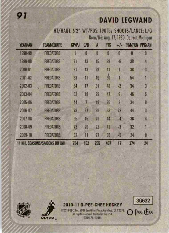 2010-11 O-Pee-Chee David Legwand #91 - Image 2 of 2