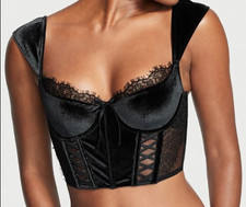 Victoria  s Secret Black Velvet Bustier Cap Sleeve Lace Corset Top Size Medium M