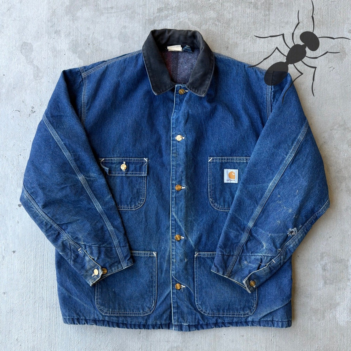 Vintage Carhartt denim blue chore button up coat work wear jacket