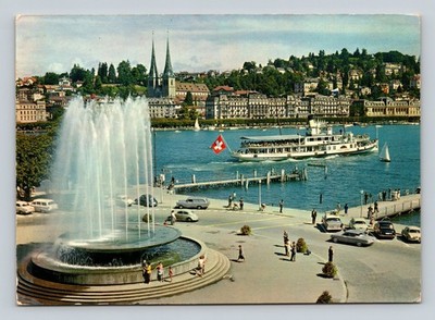 Vintage Luzern Wagenbachbrunnen Fountain Lake Lucerne Swiss Postcard