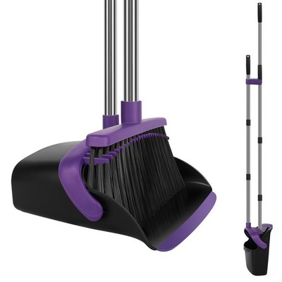 Large Broom & Dustpan Set, 55'' Long Handle, Purple - Angled Bristles