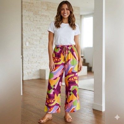 True Destinations Multicolor resort beach wide leg pants with slits size small
