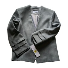 Calvin Klein Women's Grey Collarless Open-Front Jacket Size 8 Tiered Cuffs