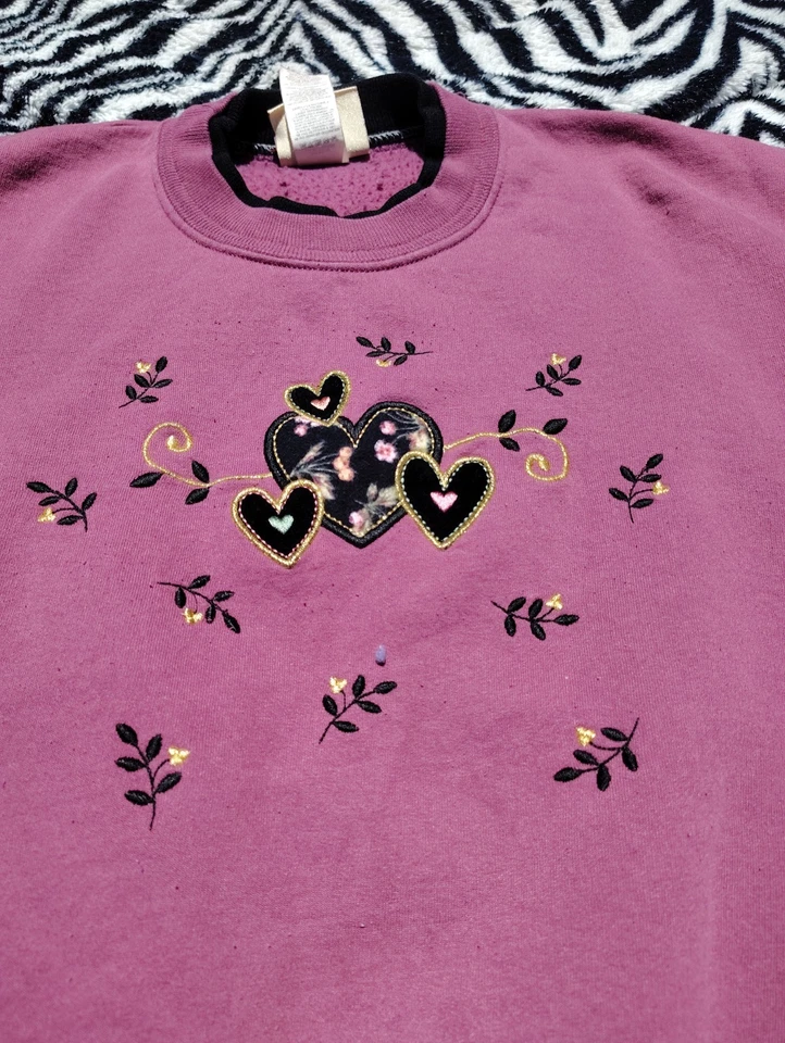 Vintage 90s Top Stitch Sweatshirt Womens 3XL Pink Red Grandma Lagenlook Baggy - Image 2 of 4