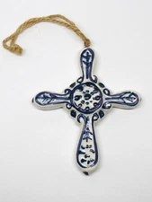 Blue & White Small Hand Painted Ceramic Cross Ornament