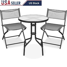 Compact Outdoor Dining Set 3-Piece Foldable Chairs Tempered Glass Table Durable
