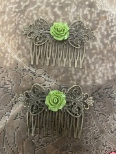  2 Retro Celadon Green Rose flower Bronze Victorian Filigree Hair Comb Combs
