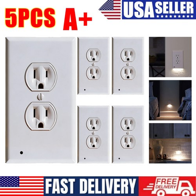 #ad 5 Pack Outlet Cover Built In LED Night Light Bulbs Wall Plate Rounded Receptacle $58.14