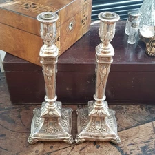 Sterling Silver Pair Of Hollow Cast Tall Standing Candlesticks Antique c1915