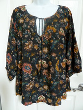 NATURAL LIFE Sz Large Balloon Sleeve Boho Tassled Blouse Peasant Dark Floral