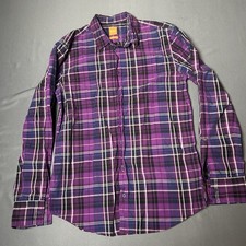Hugo Boss Mens Button Front Long Sleeve Cotton Purple Multi Plaid Shirt L