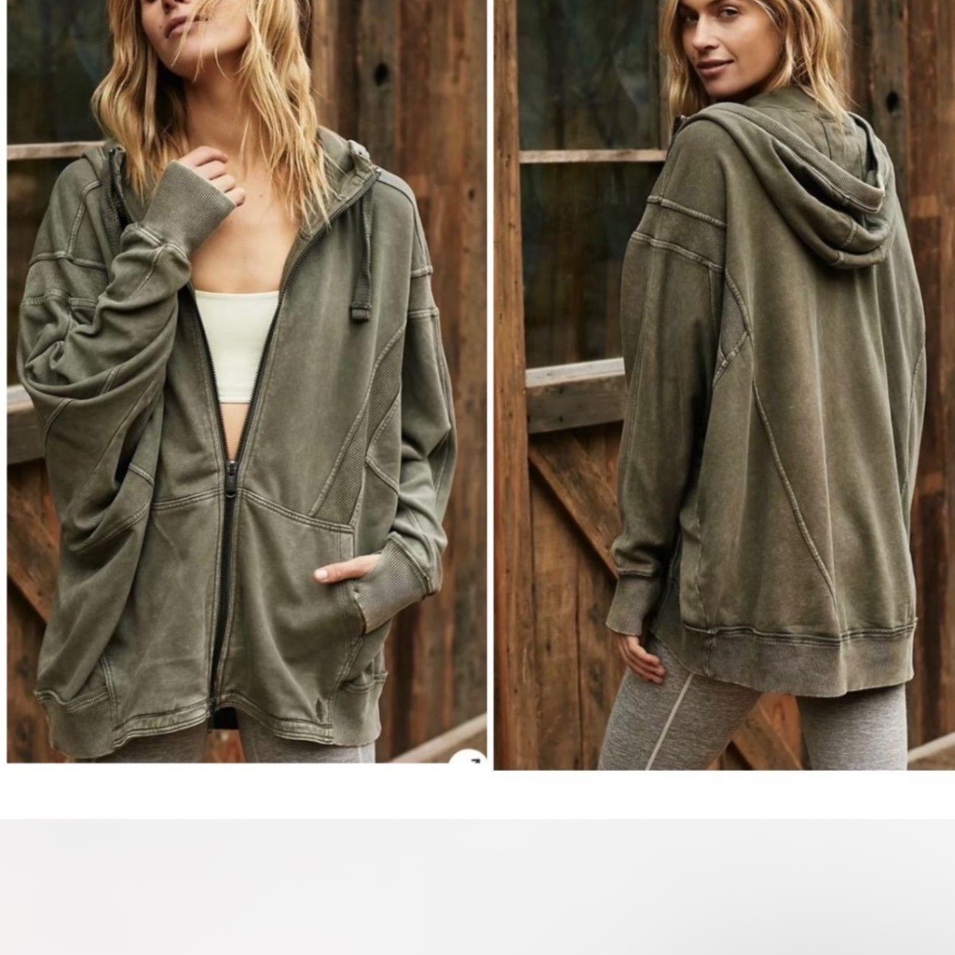FP Movement Free People Camden Oversized Zip Up Hoodie Olive Green Women XS Boho