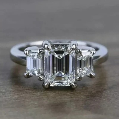 3 Ct Emerald Cut Moissanite Three Stone Engagement Ring 14K White Gold Plated