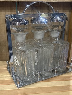 vintage mid century modern glass tantalus decanter Scotch Rye Bourbon bottle Set