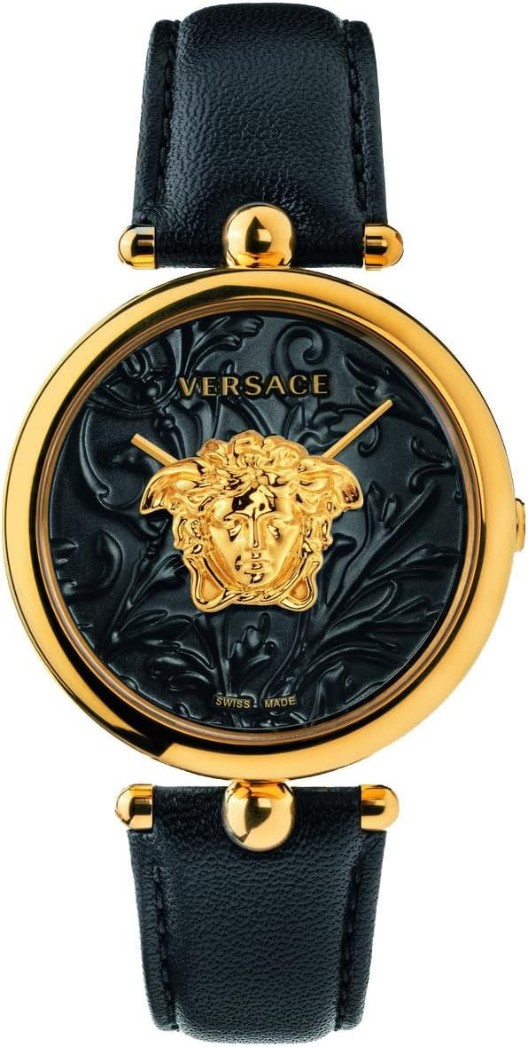 Versace Palazzo Swiss Quartz Watch Gold Black Dial Leather Band for Women-image