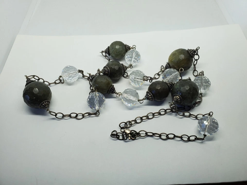 Faceted Labradorite And Clear Crystal Bead Station Sterling Silver Long Necklace - Image 4 of 4
