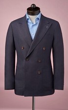 Navy Blue Men Linen Suit Double Breasted Peak Lapel Blazer Summer Casual Jacket