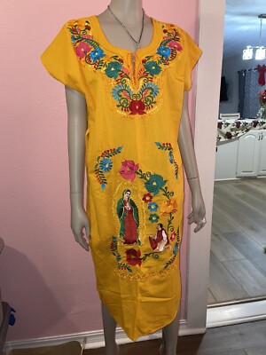 Mexican Yellow Floral Embroidered Tab Sleeve Tie Back Long Dress Size Small(B) | eBay Mexican Yellow Floral Embroidered Tab Sleeve Tie Back Long Dress Size Small(B) | eBay